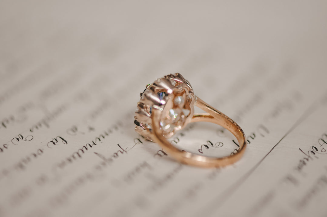 Antique blue sapphire and old mine diamond ring