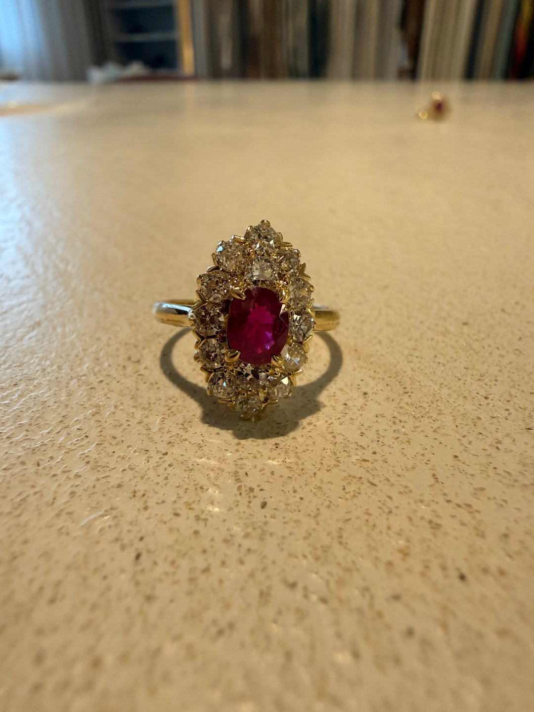 Navette diamond and Burmese Ruby ring