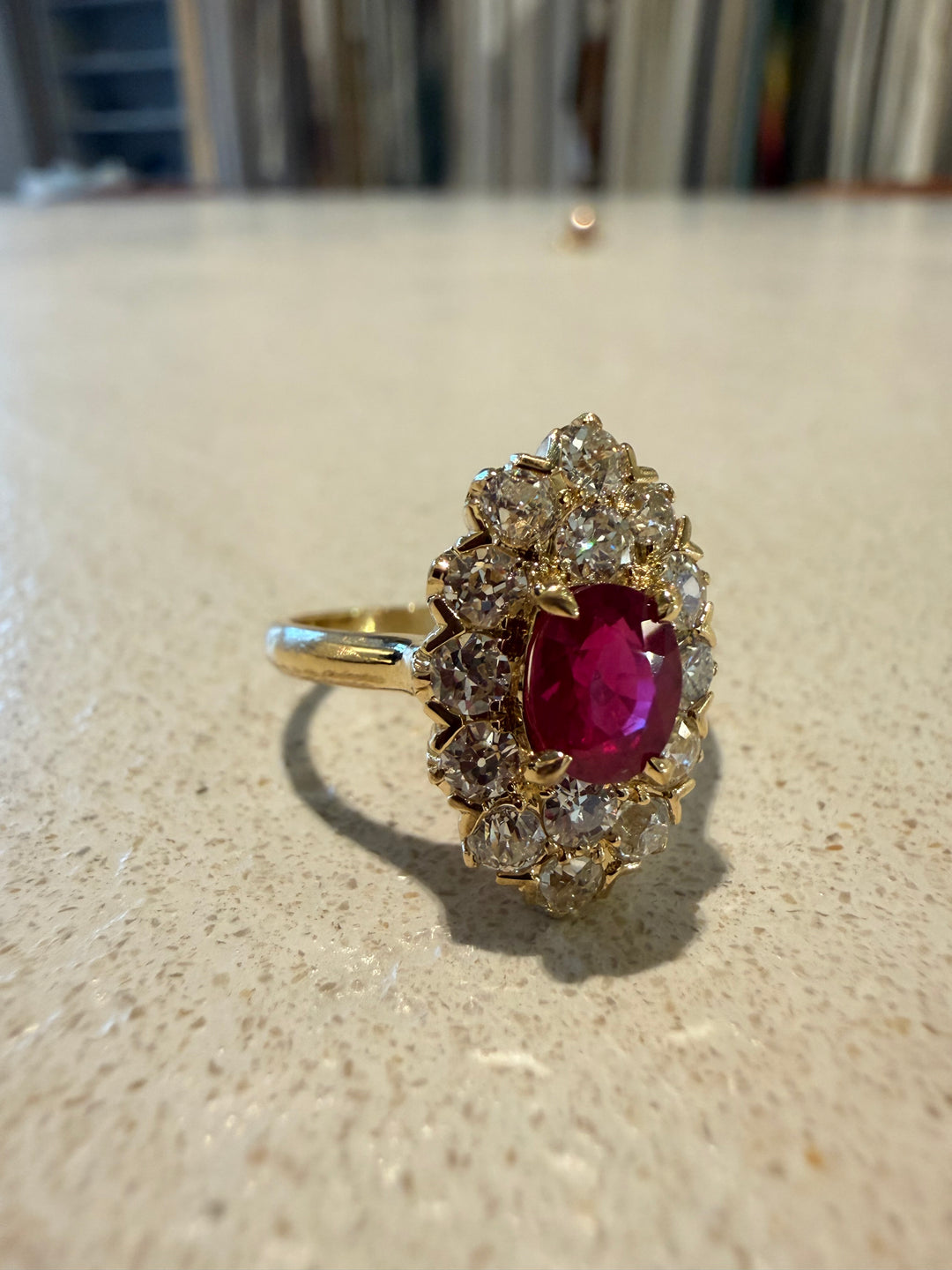 Navette diamond and Burmese Ruby ring