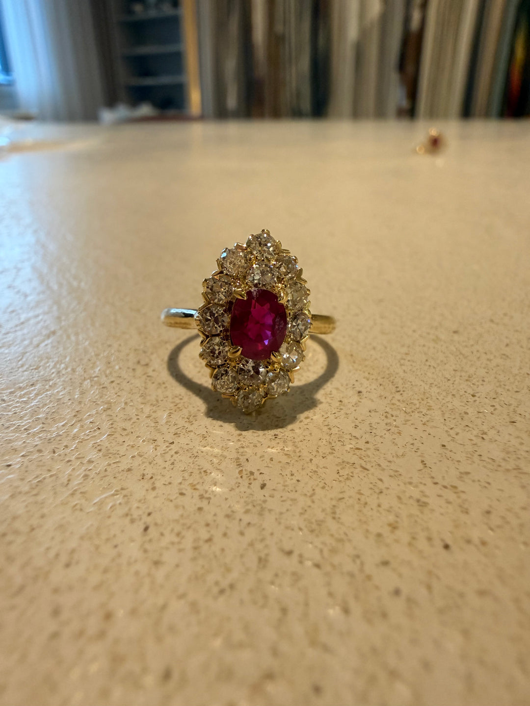 Navette diamond and Burmese Ruby ring