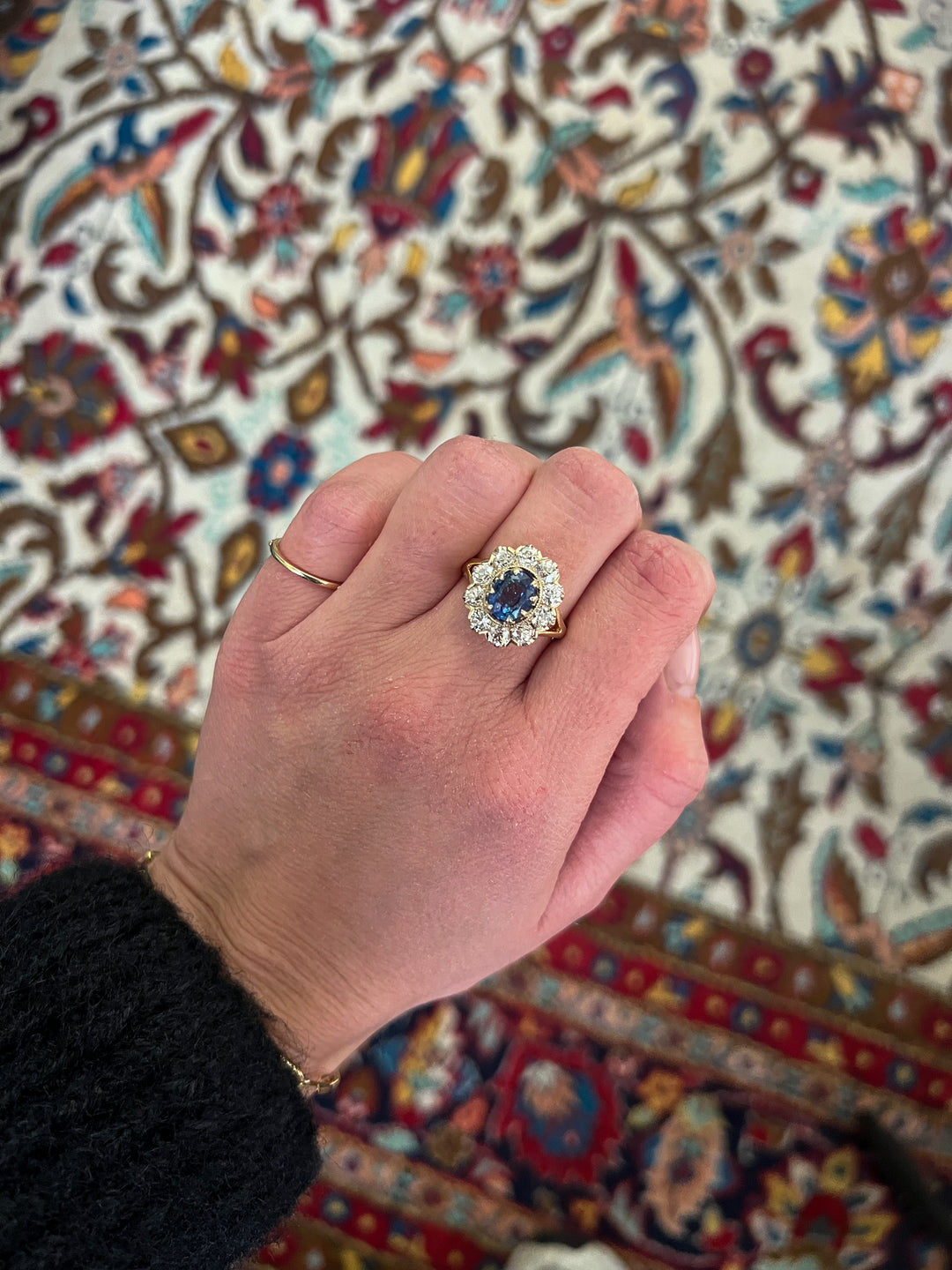 Antique blue sapphire and old mine diamond ring