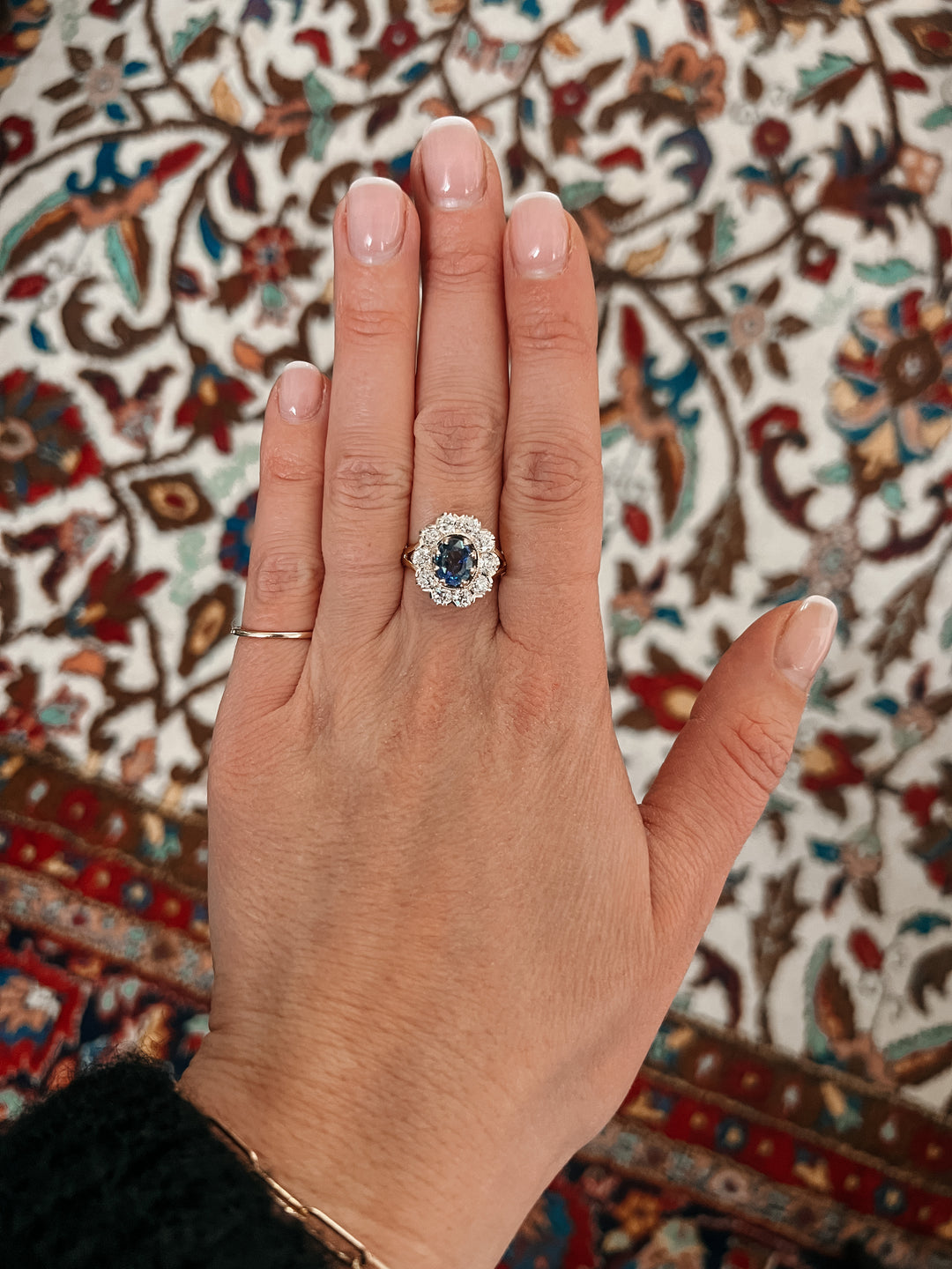 Antique blue sapphire and old mine diamond ring