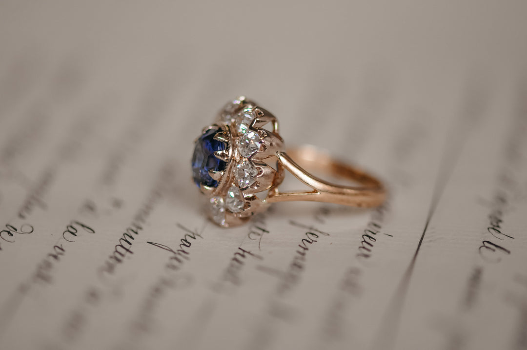 Antique blue sapphire and old mine diamond ring