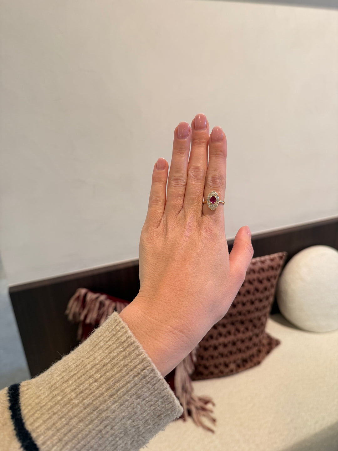 Navette diamond and Burmese Ruby ring