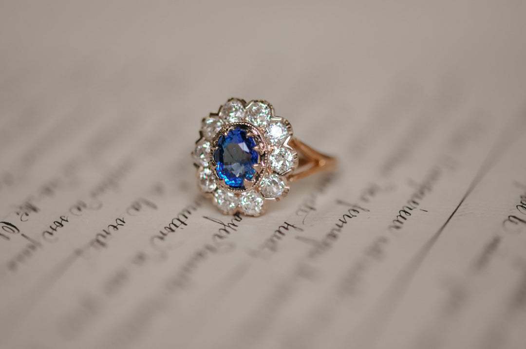 Antique blue sapphire and old mine diamond ring