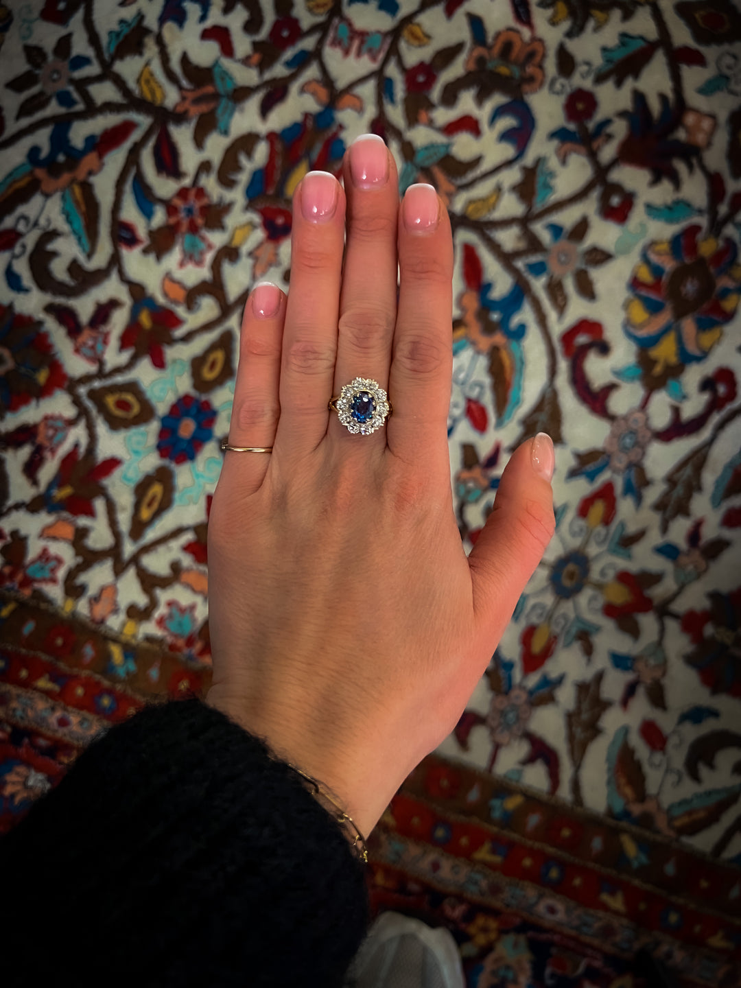 Antique blue sapphire and old mine diamond ring