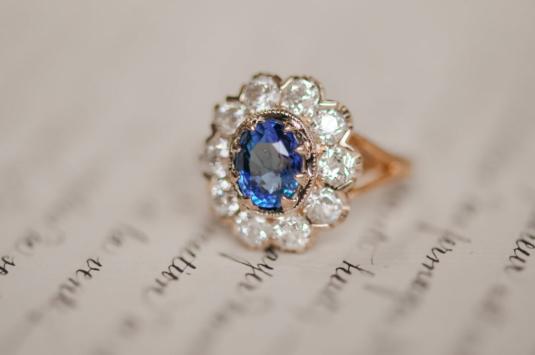 Antique blue sapphire and old mine diamond ring