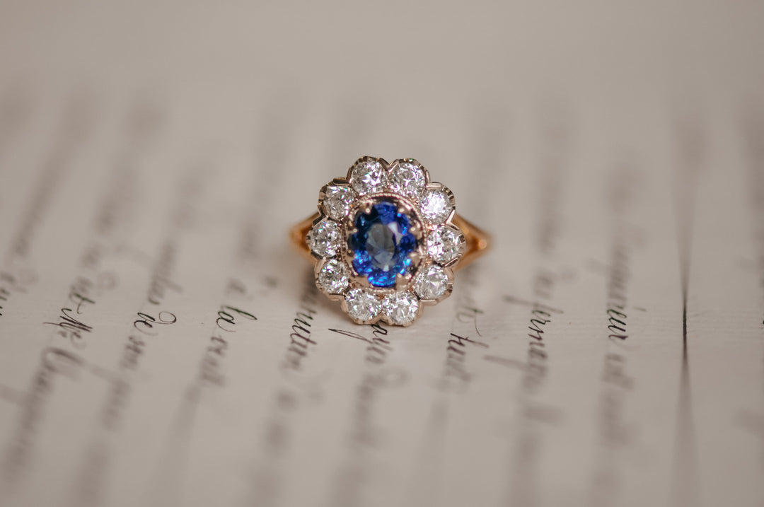 Antique blue sapphire and old mine diamond ring