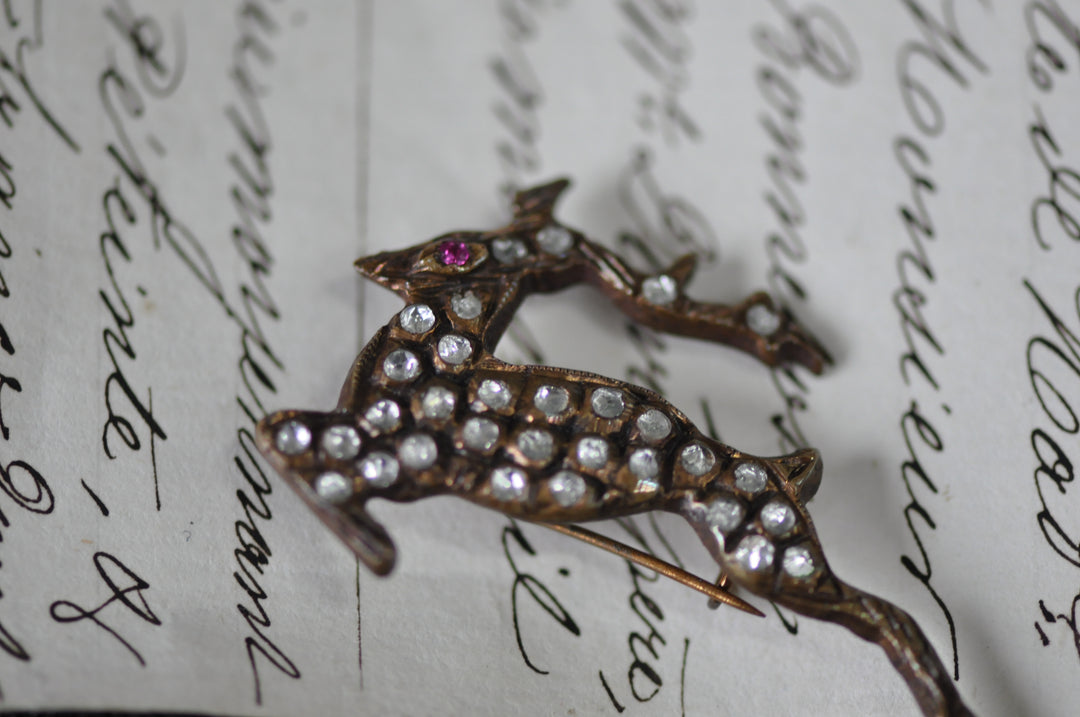 Antique Georgian rose gold diamond deer pin